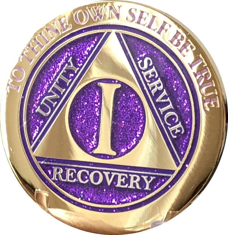 1 Year Elegant Glitter Purple Gold Silver BiPlated AA Medallion Chip